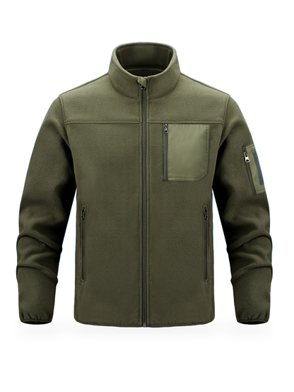 Olivgrüne Fleecejacke mit Brusttasche und Ärmeltasche von vorn