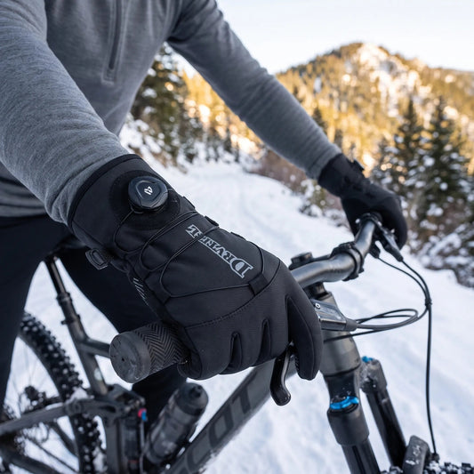 Schwarze Fahrradhandschuhe mit Drehverschluss am Handgelenk und Silikongriff auf der Handfläche