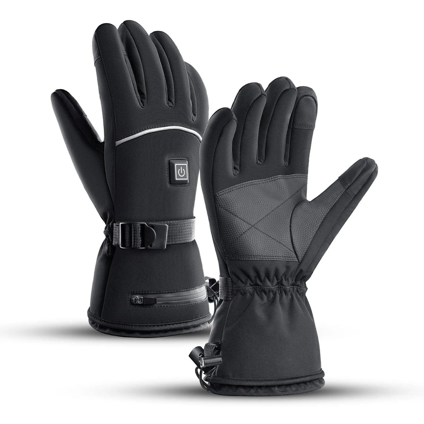 Beheizte schwarze Winterhandschuhe mit Akkufach, Ein-Aus-Knopf und reflektierendem Streifen