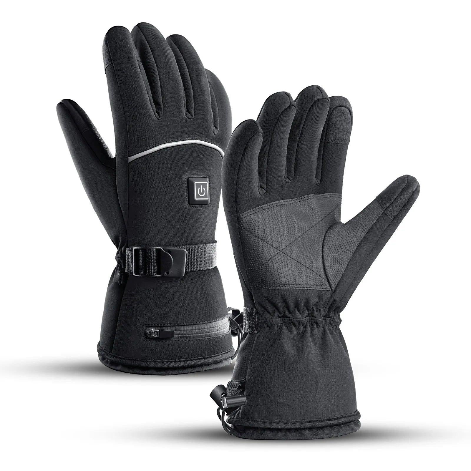 Beheizte schwarze Winterhandschuhe mit Akkufach, Ein-Aus-Knopf und reflektierendem Streifen