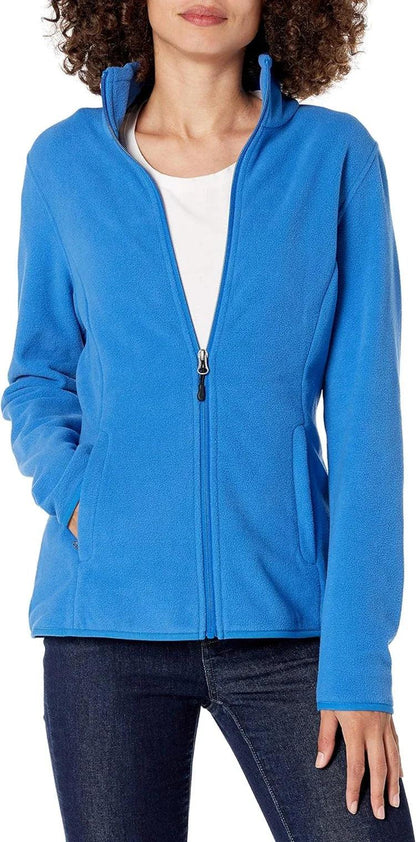 Blaue Damen-Fleecejacke von vorne, Reißverschluss geöffnet