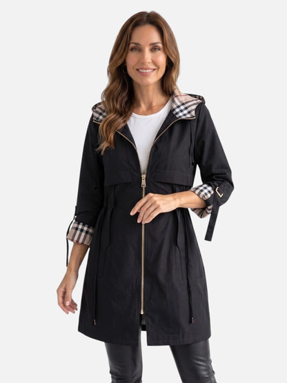 Übergangsjacke Damen mit Kapuze - Parka mit Karo-Futter - Tunnelzug