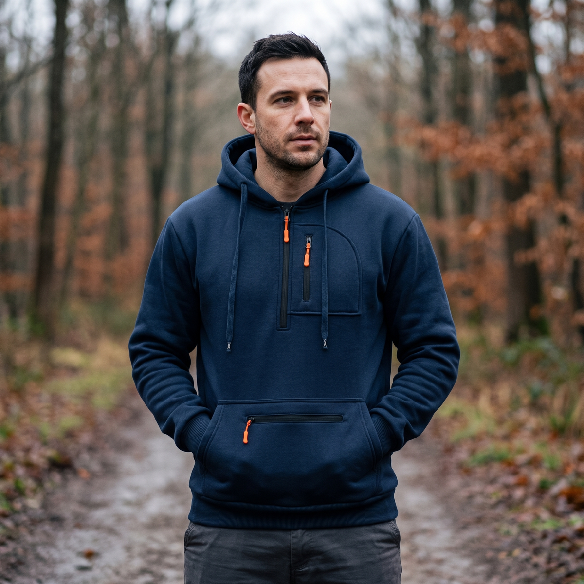 Mann trägt den marineblauen Hoodie mit halbem Reißverschluss auf einem Waldweg