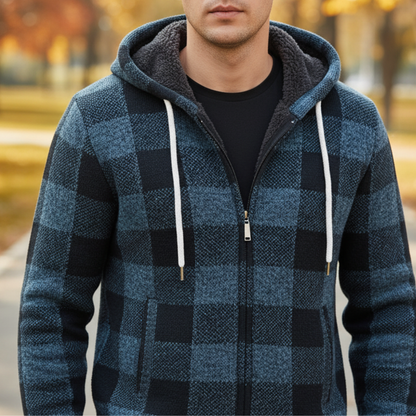 Strickjacke Herren mit Kapuze - Karo-Design - Warmes Fleecefutter