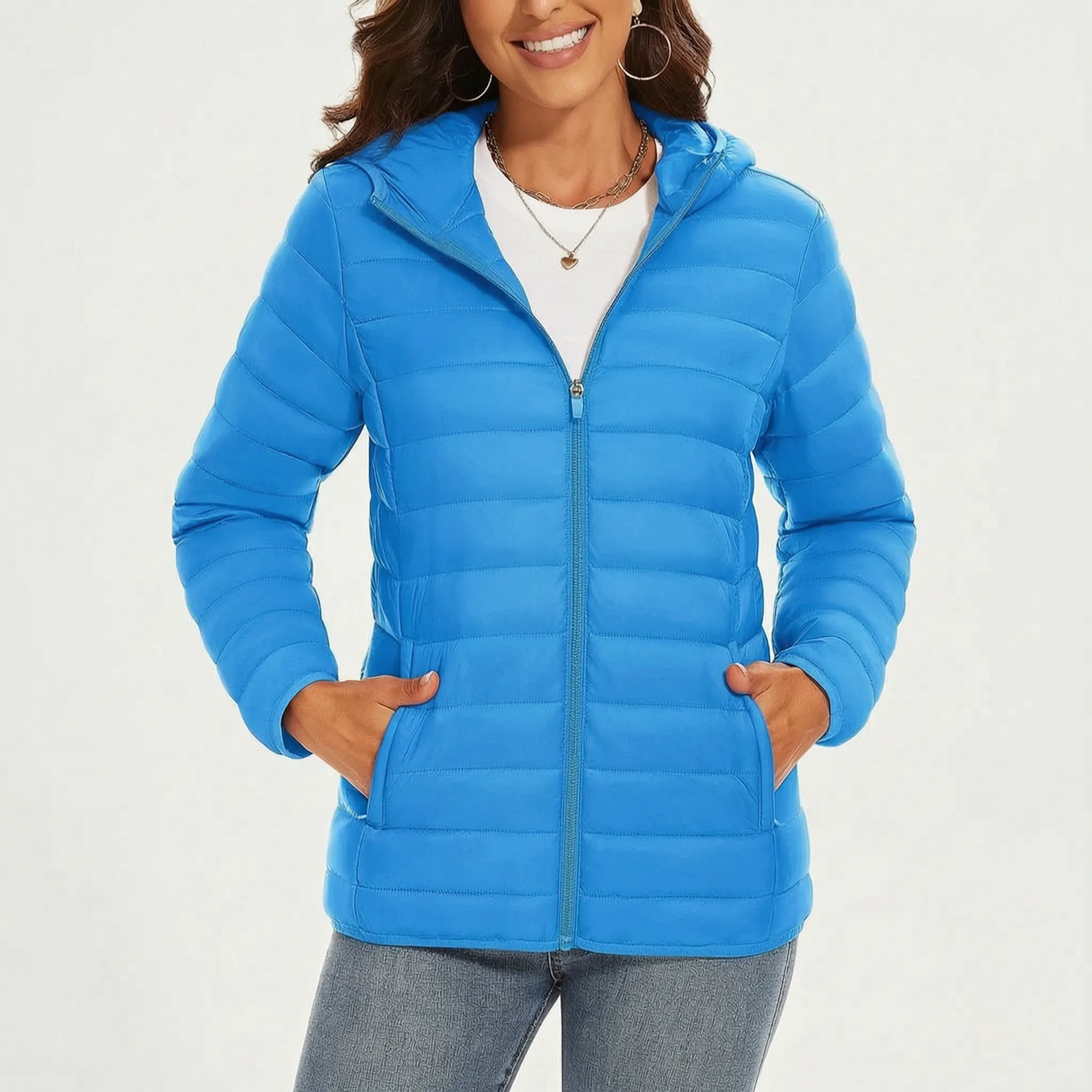 Leichte Steppjacke für Damen in Azurblau mit Kapuze und Reißverschlusstaschen