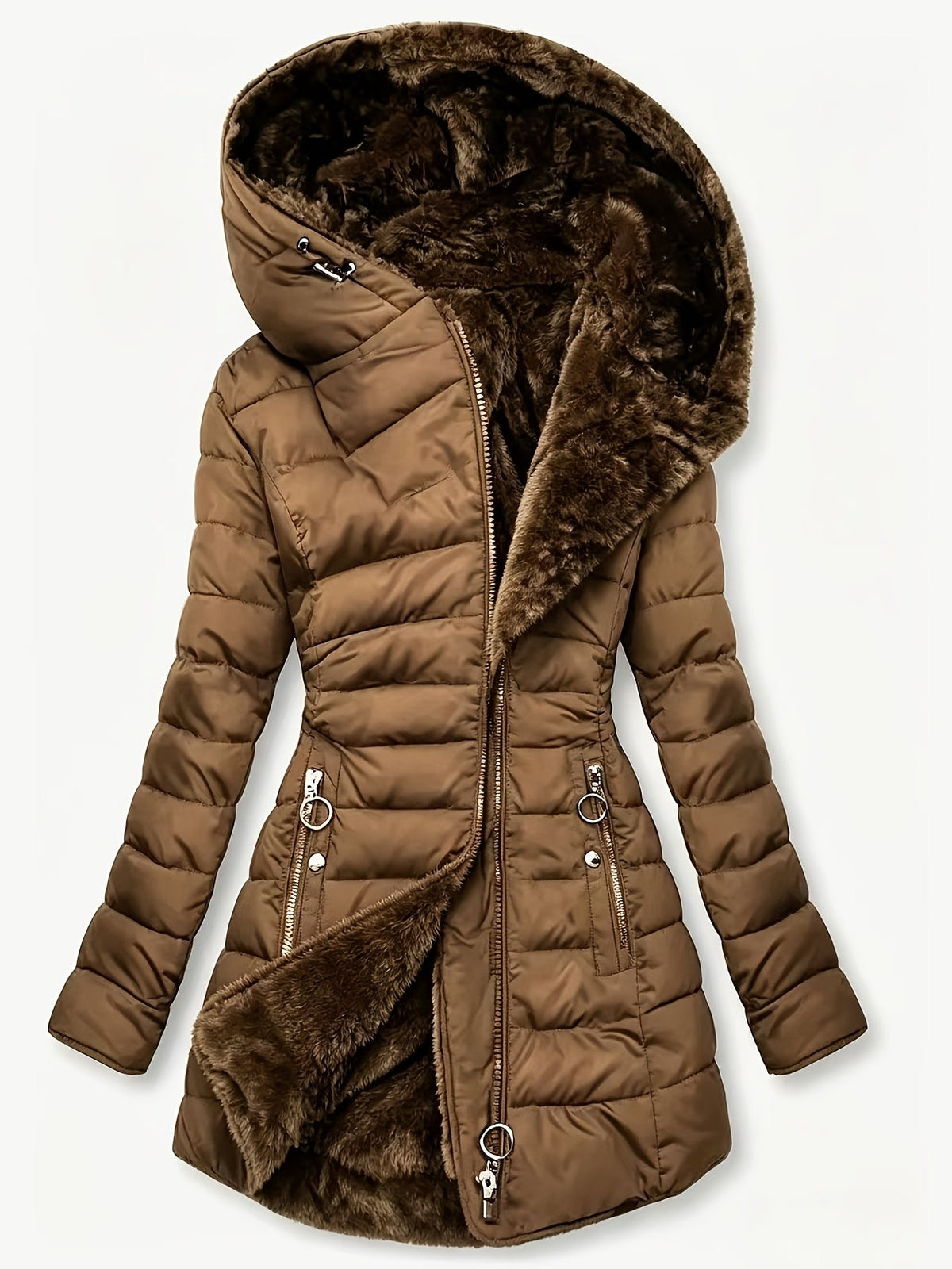 Winterjacke Damen - mit Kunstfellkapuze - Steppmantel