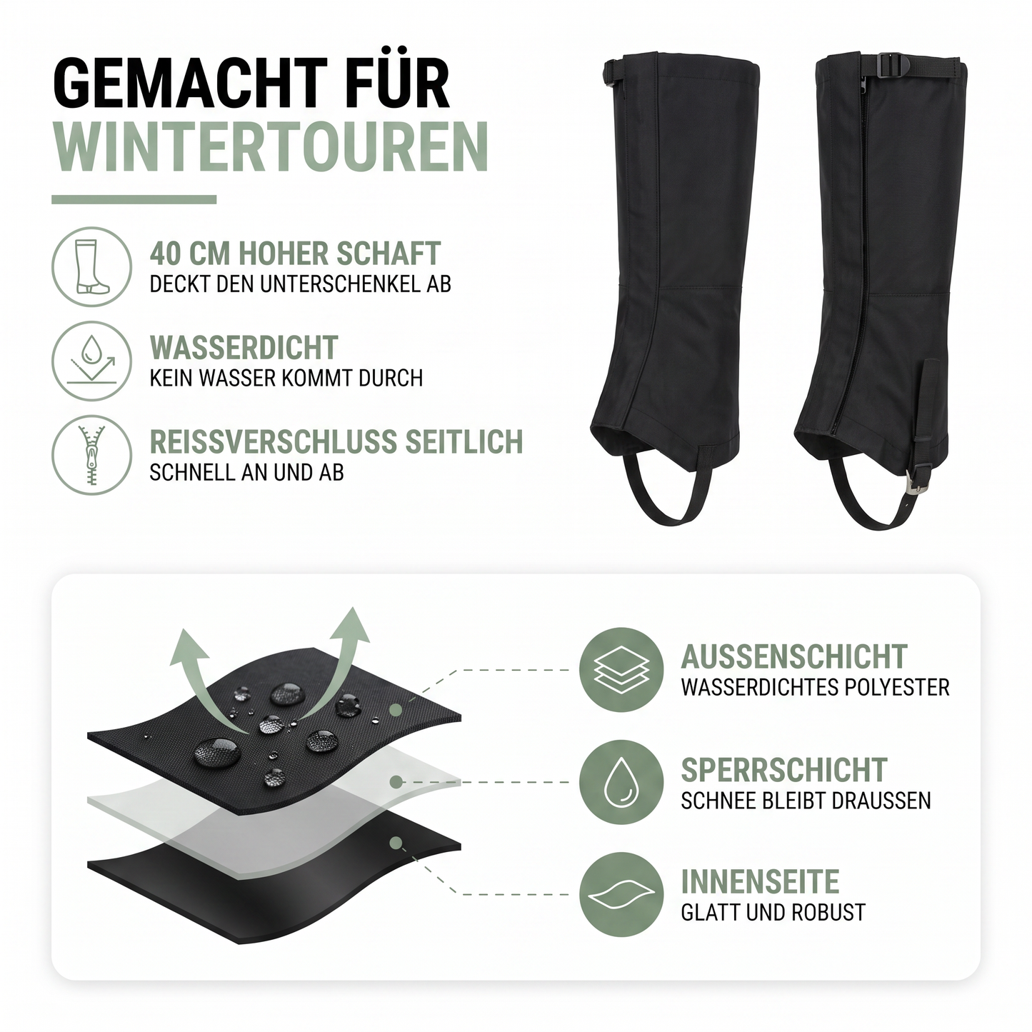 Gamaschen wandern - Einheitsgröße 40 cm - mit Reißverschluss
