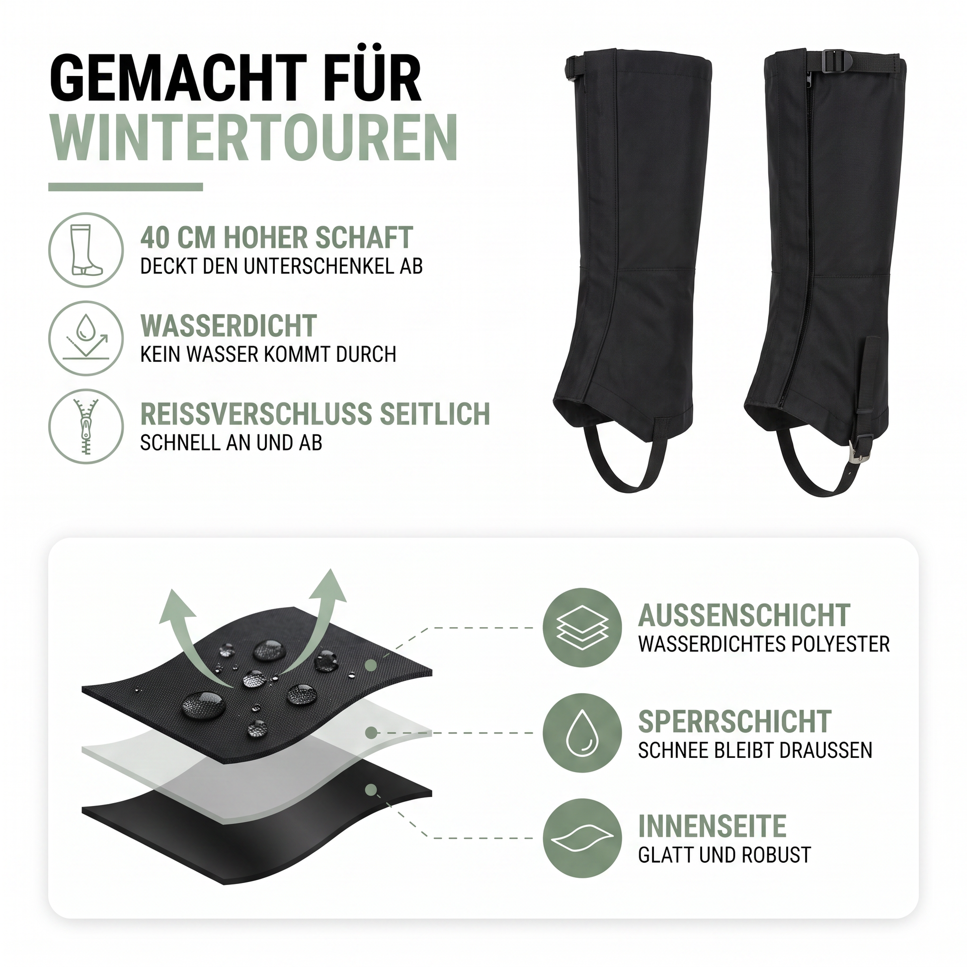 Gamaschen wandern - Einheitsgröße 40 cm - mit Reißverschluss