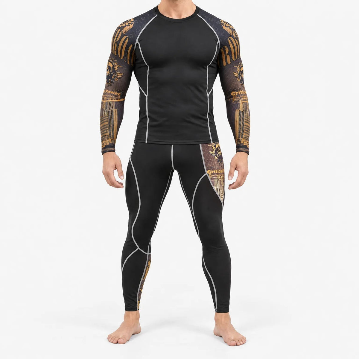 Herren Thermounterwäsche mit goldfarbenem Print am Ärmel, Langarmshirt und lange Hose