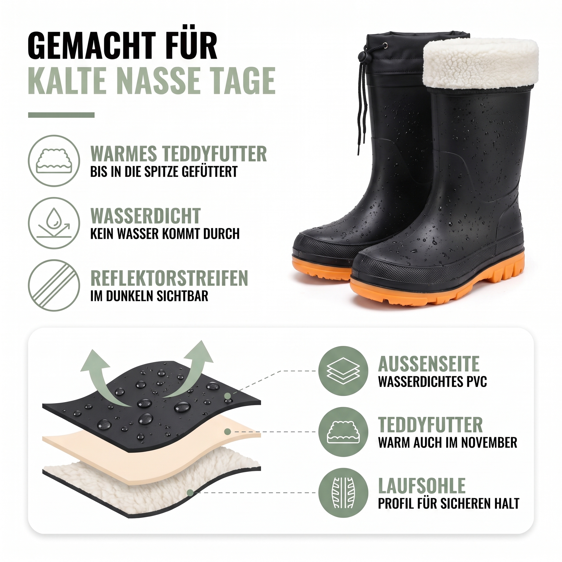 Gefütterte Gummistiefel - Warmes Teddyfutter - Reflektorstreifen