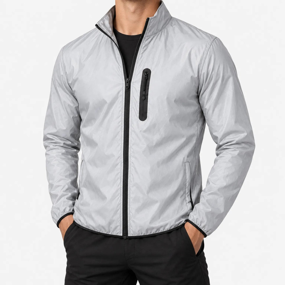Reflektierende Jacke Herren als Fahrradjacke von vorne mit Stehkragen und Brusttasche