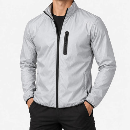 Reflektierende Jacke Herren als Fahrradjacke von vorne mit Stehkragen und Brusttasche