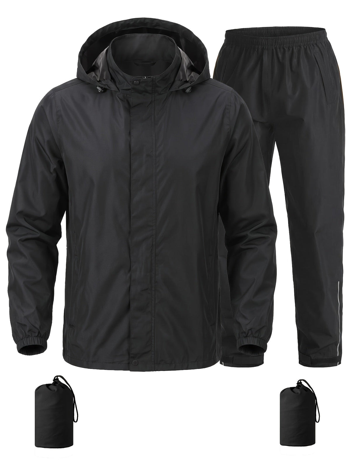 Schwarzer Regenanzug im Set: Jacke mit Kapuze und Regenhose mit Gummibund