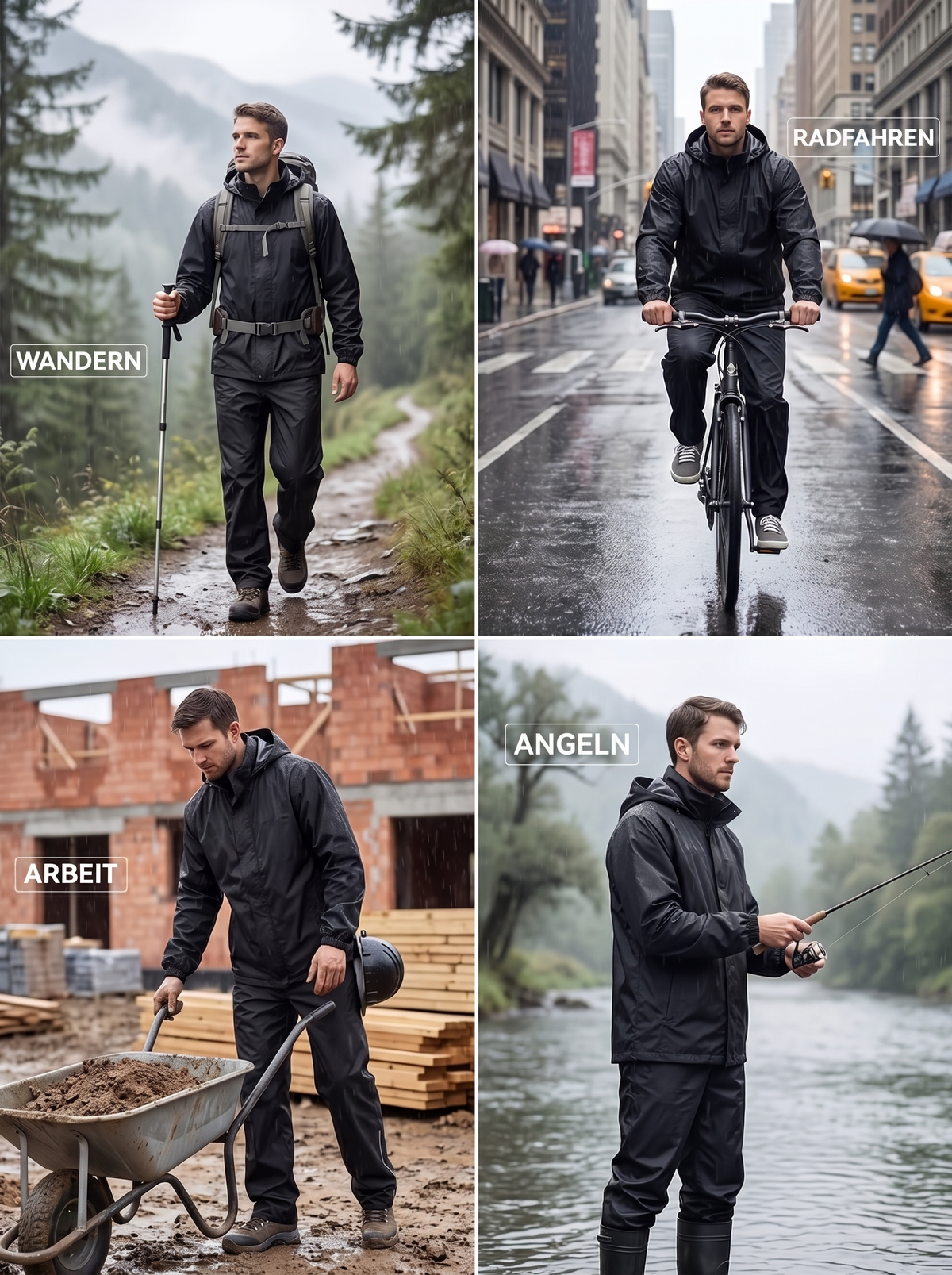Regenanzug beim Wandern, Radfahren, Arbeiten und Angeln
