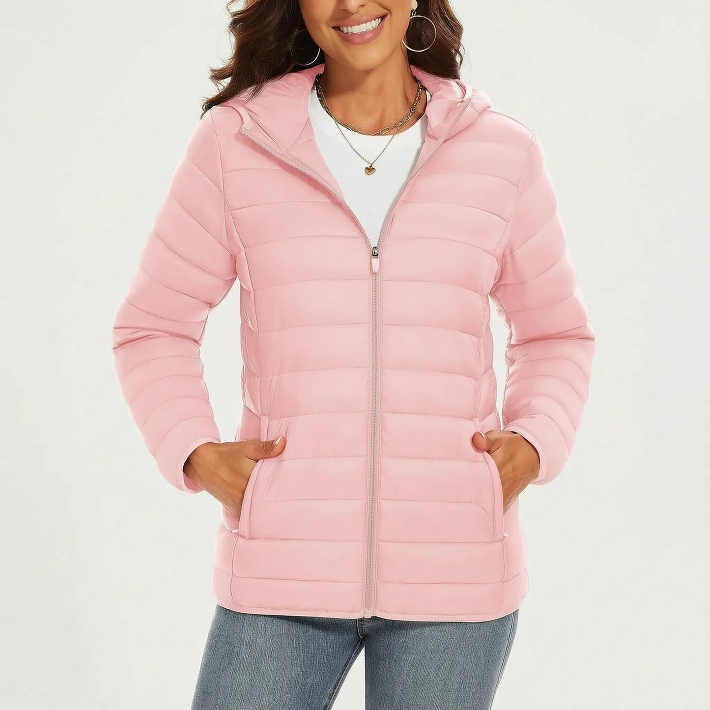 Leichte Steppjacke für Damen in Rosa mit Kapuze und Reißverschlusstaschen