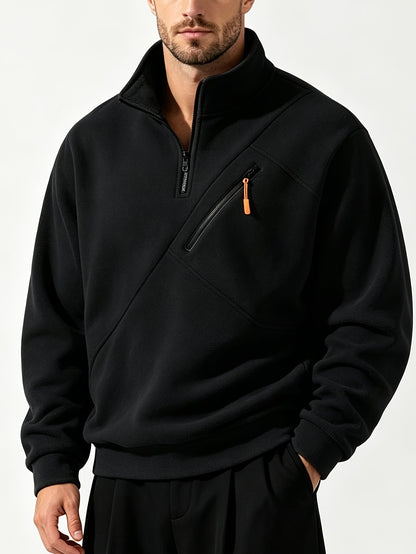 Schwarzer Fleecepullover Herren mit Half-Zip und Brusttasche mit Reißverschluss, Vorderansicht