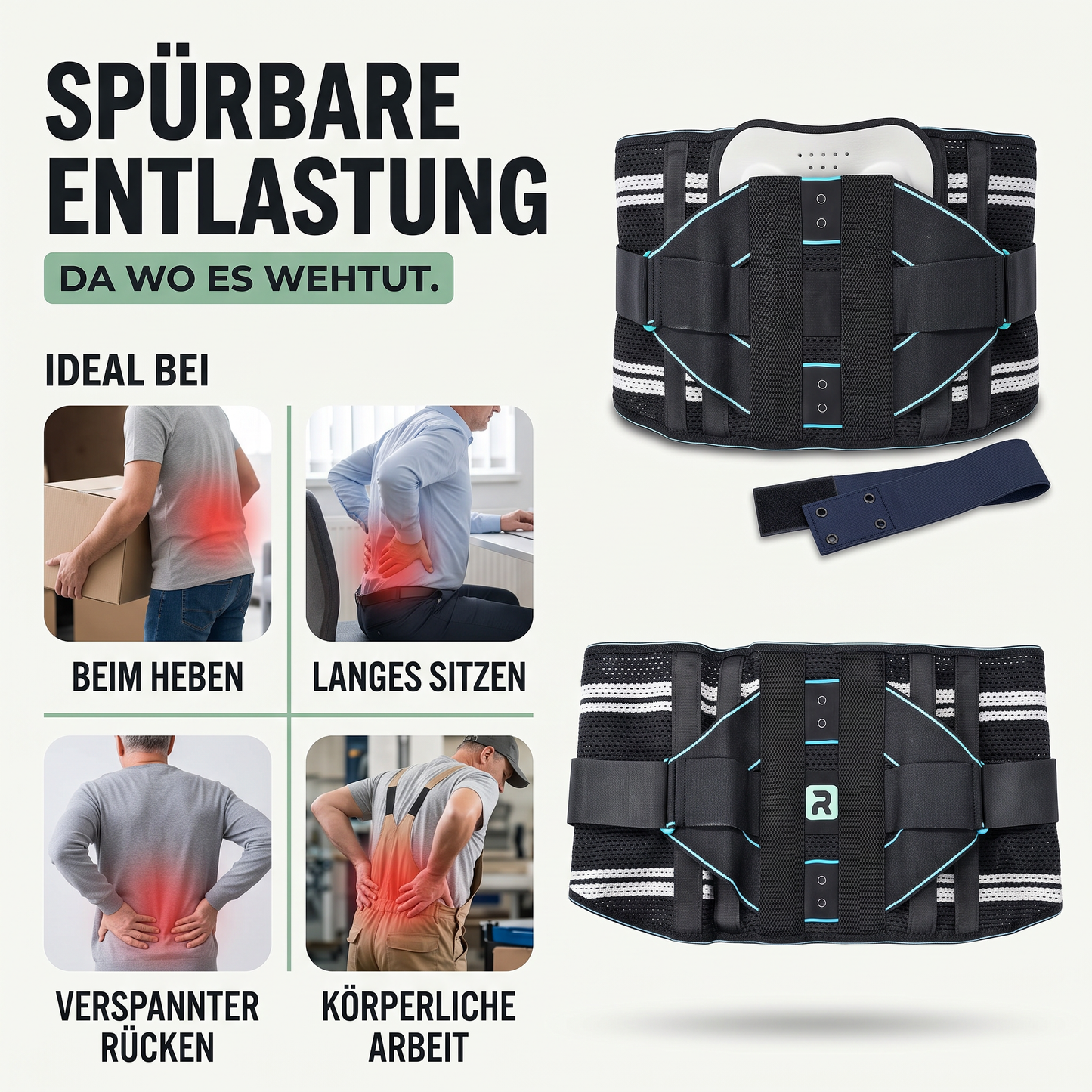 Rückenbandage mit Massage-Pad - Atmungsaktiv & Verstellbar - Inkl. Verlängerungsgurt - Ideal bei diesen Beschwerden