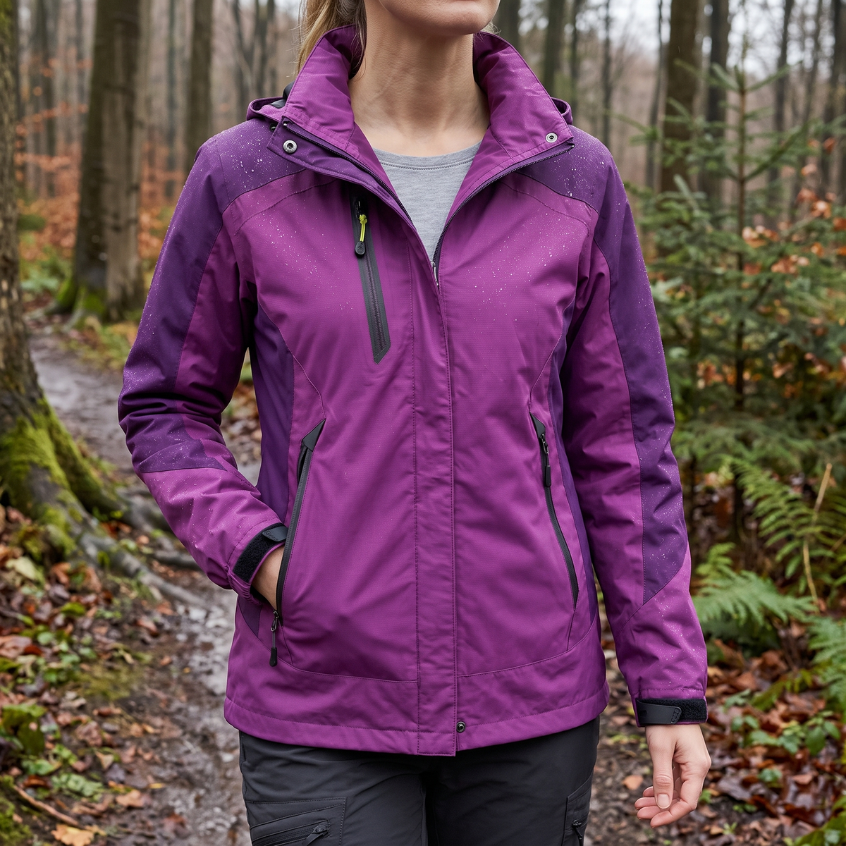 Übergangsjacke Damen in Violett beim Wandern auf einem nassen Waldweg im Herbst