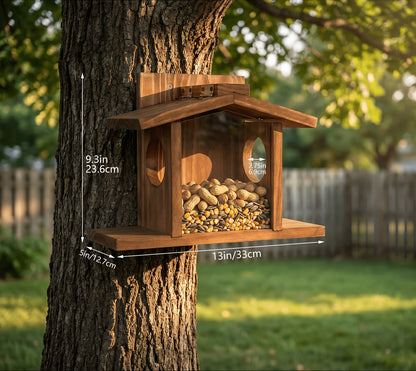 Eichhörnchen Futterhaus Eiche - Nussspender mit Mais- & Apfelhalter
