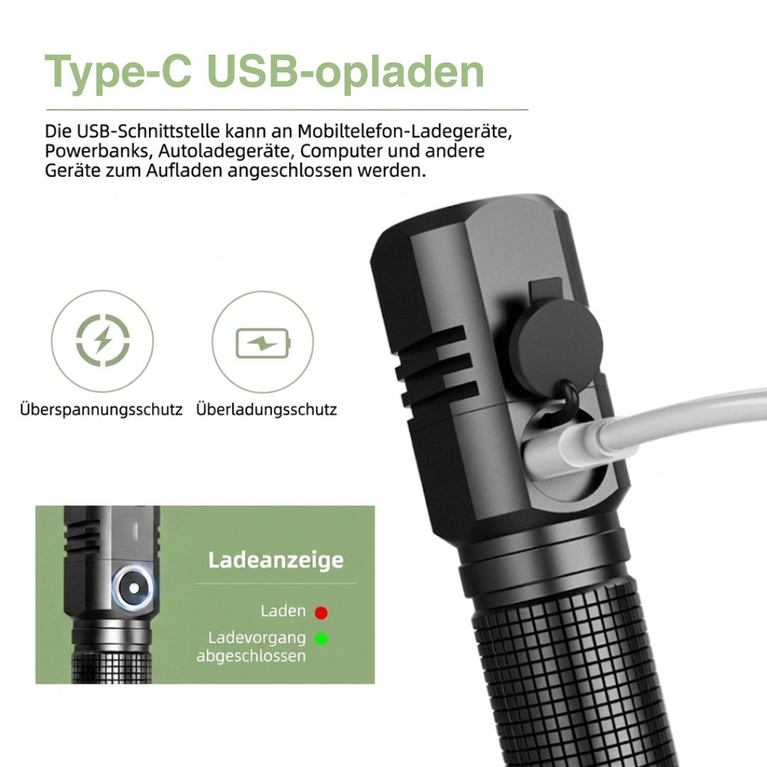 Mini LED Taschenlampe Wiederaufladbar – 10000 Lumen – USB-C & Zoomfunktion