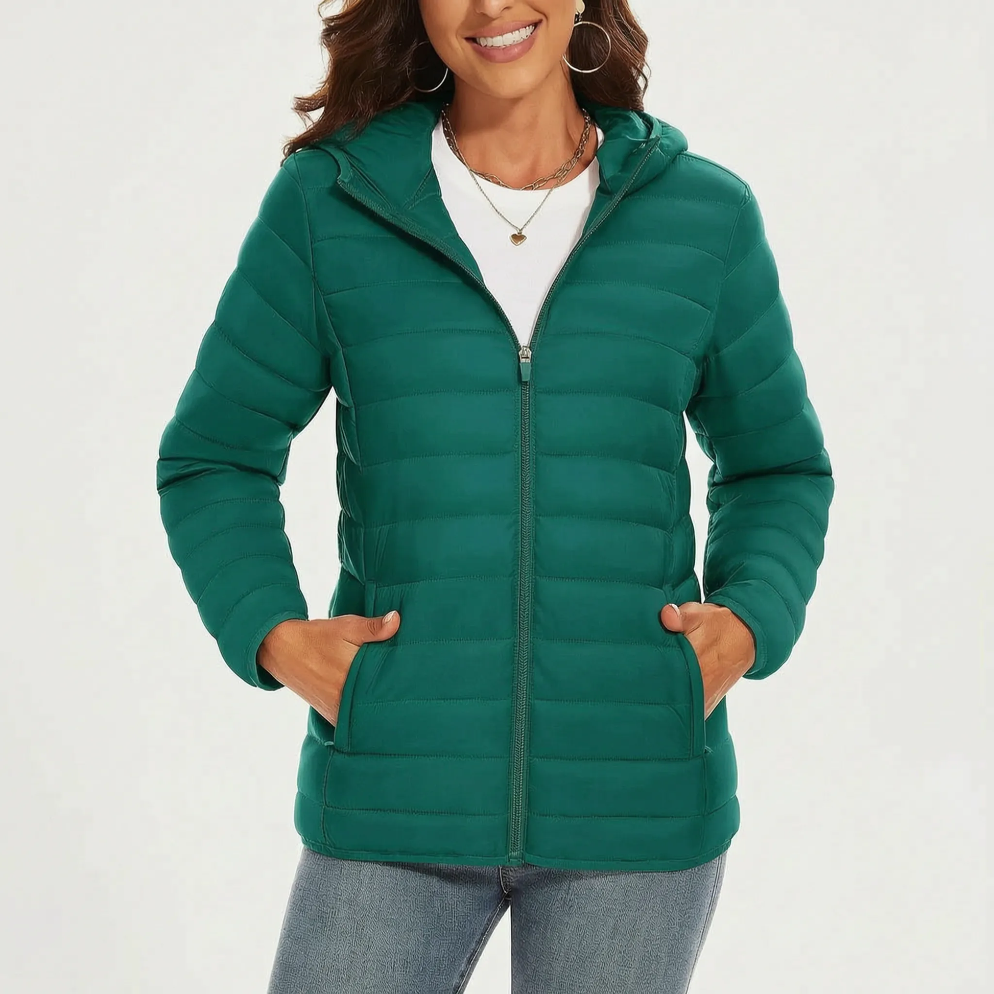 Leichte Steppjacke für Damen in Grün mit Kapuze und Reißverschlusstaschen