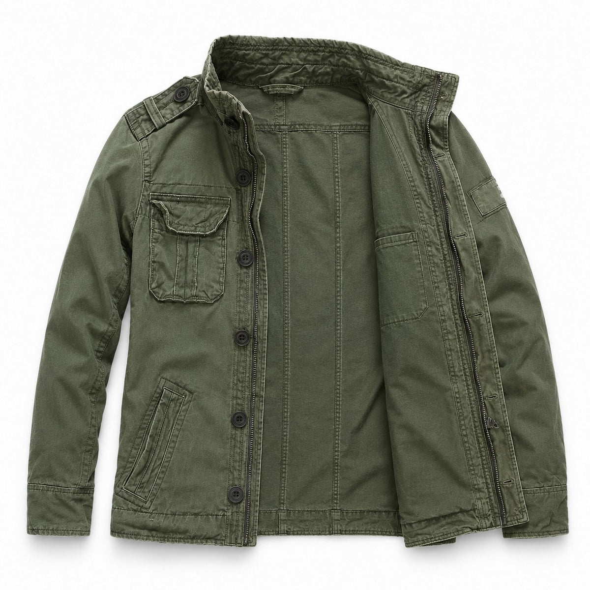 Innenansicht der Übergangsjacke Herren in Armygrün mit Knopfleiste und Futter