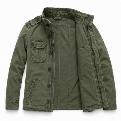 Innenansicht der Übergangsjacke Herren in Armygrün mit Knopfleiste und Futter