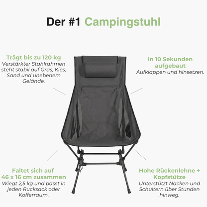 Klappbarer Campingstuhl – Hohe Rückenlehne mit Kopfstütze – Leichtgewicht