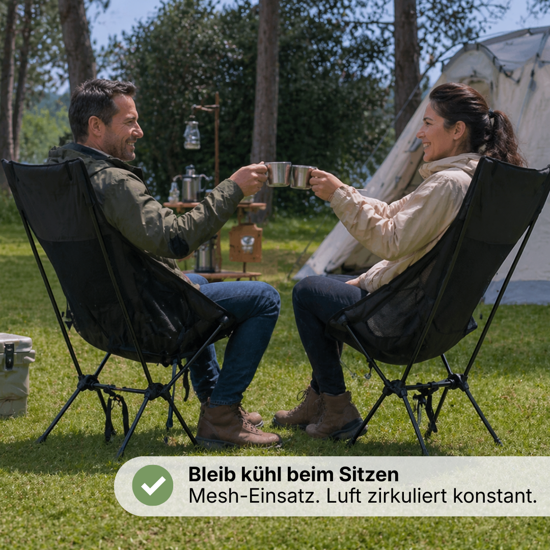 Klappbarer Campingstuhl – Hohe Rückenlehne mit Kopfstütze – Leichtgewicht