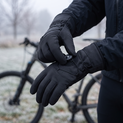 Radfahrer stellt den Drehverschluss seiner Fahrradhandschuhe an einem nebligen Wintermorgen ein