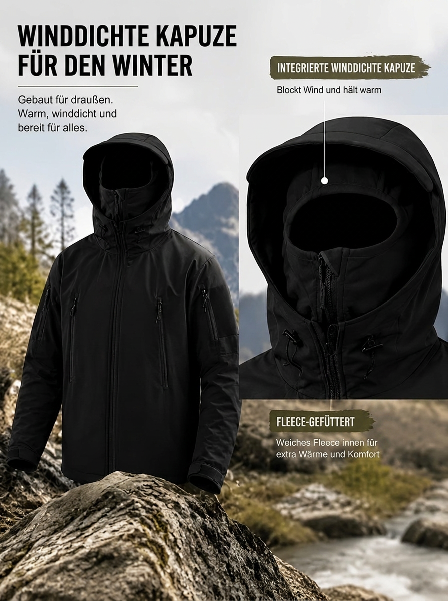 Schwarze Softshelljacke mit winddichter Kapuze für den Winter, Detailansicht