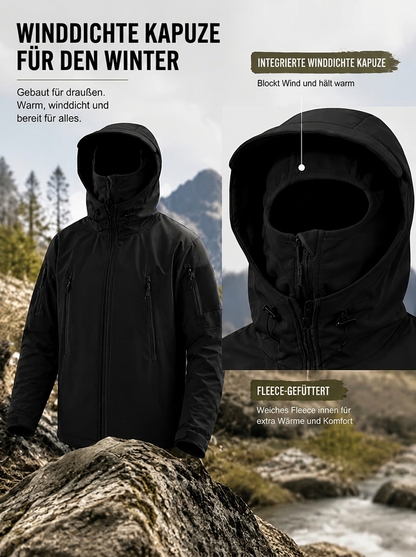 Schwarze Softshelljacke mit winddichter Kapuze für den Winter, Detailansicht