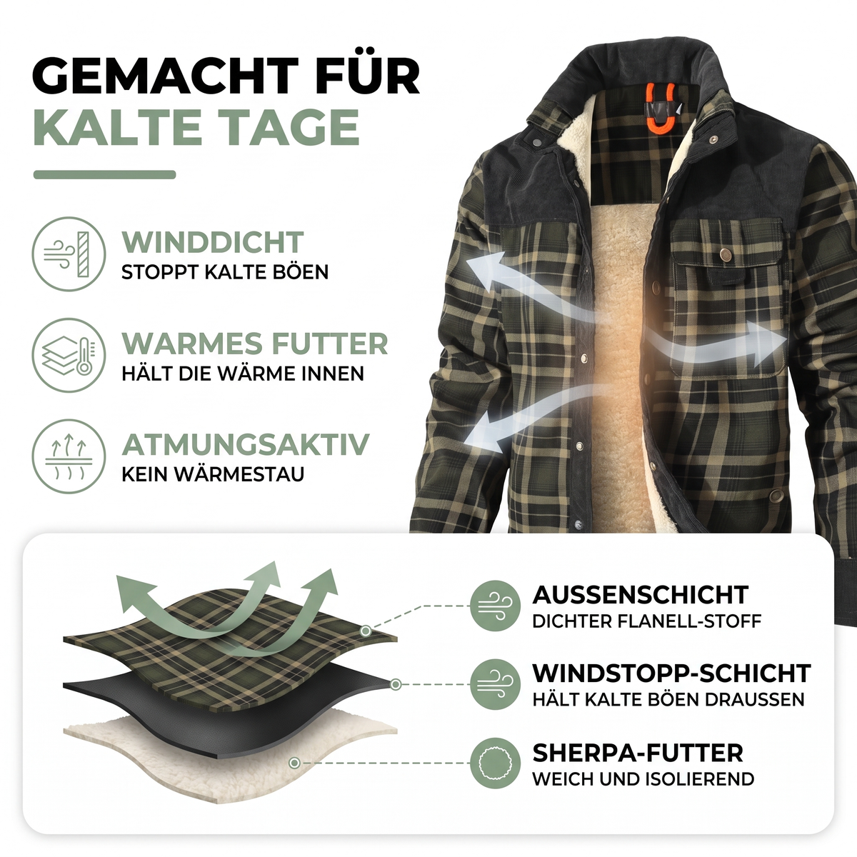 Flanelljacke Herren oliv kariert im Holzfäller-Look – warm und winddicht