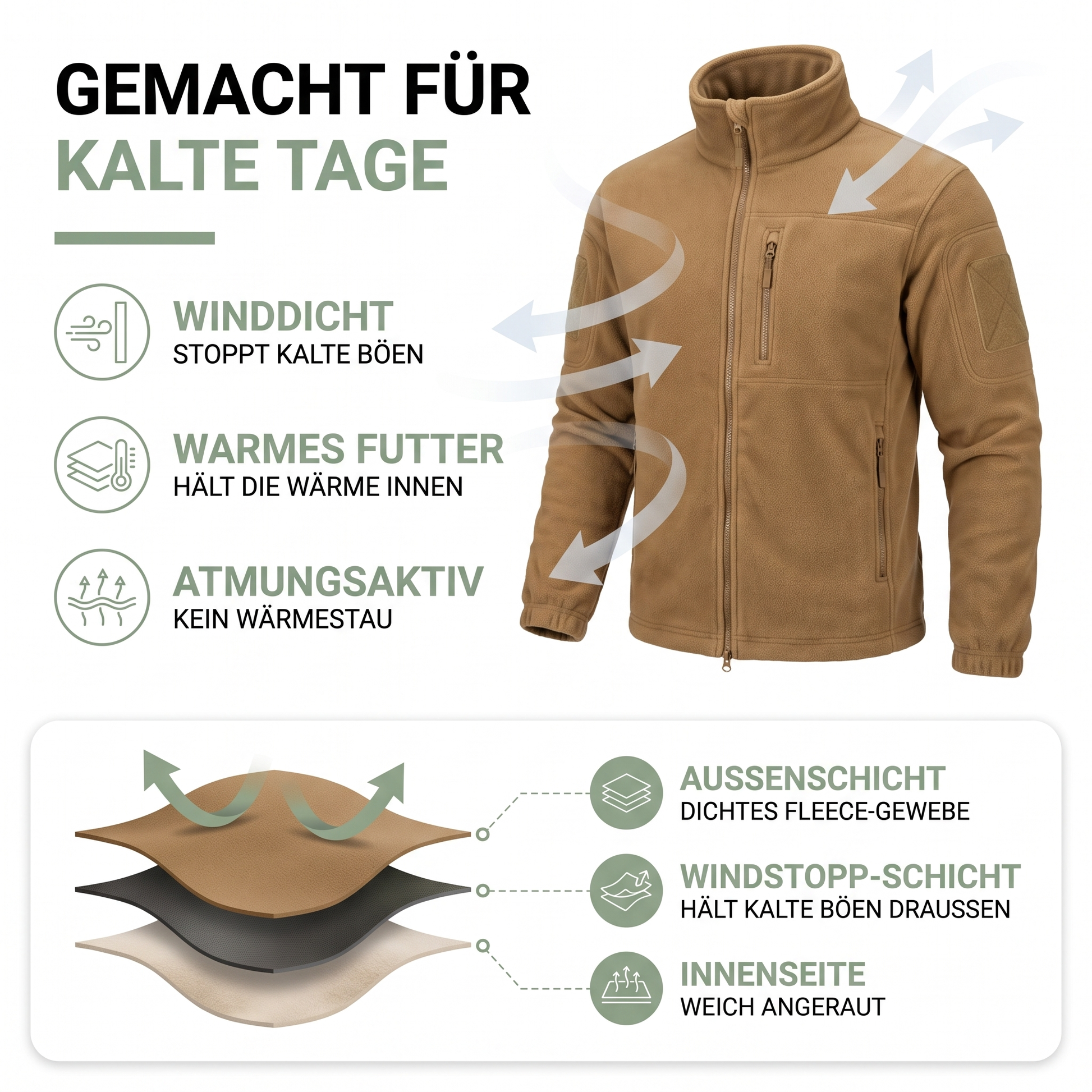Taktische Fleecejacke Herren coyote-braun mit Stehkragen – warm und winddicht