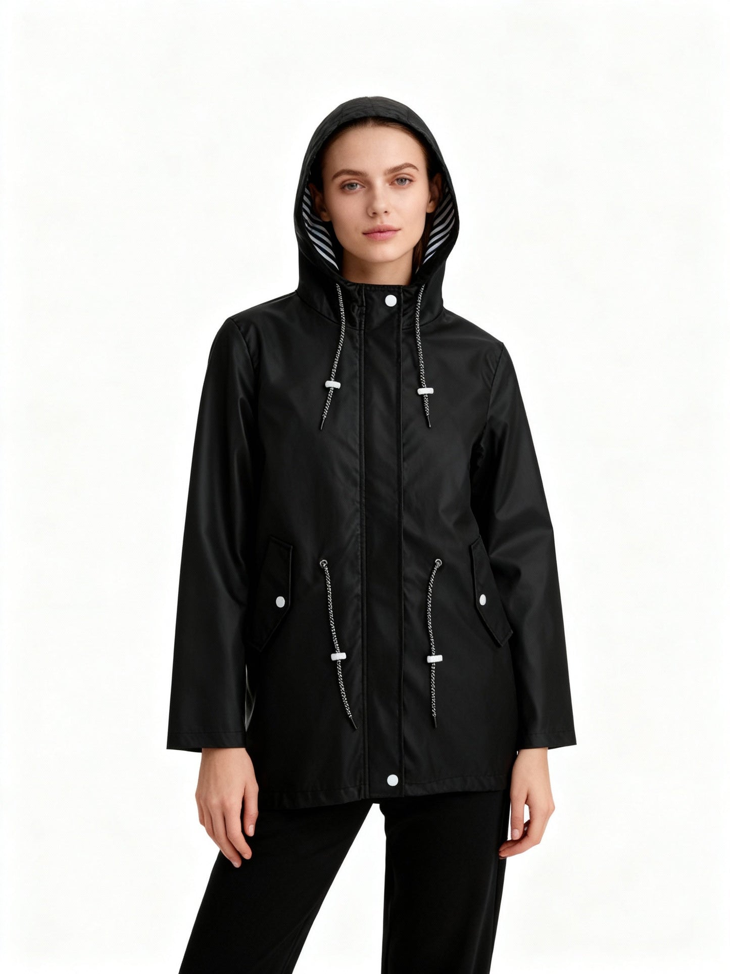 Regenjacke Damen - Mittellang mit Kapuze - Fischschwanz-Saum