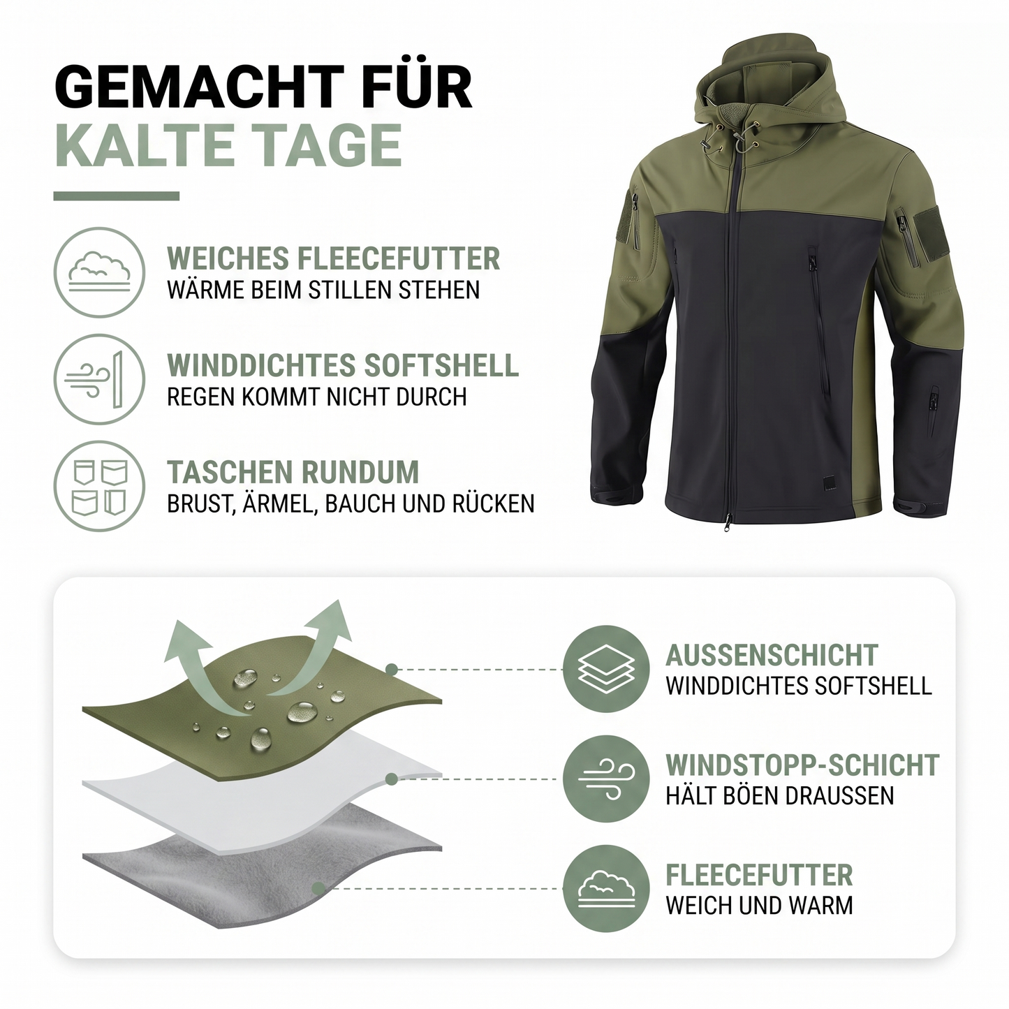 Softshelljacke Herren - Fleecefutter - Taktisches Design mit Kapuze