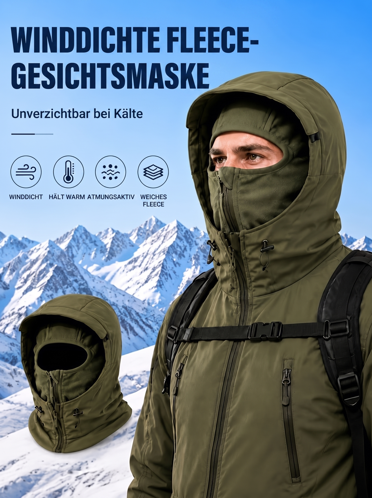 Winddichte Fleece-Gesichtsmaske der olivgrünen Softshelljacke, integriert in der Kapuze