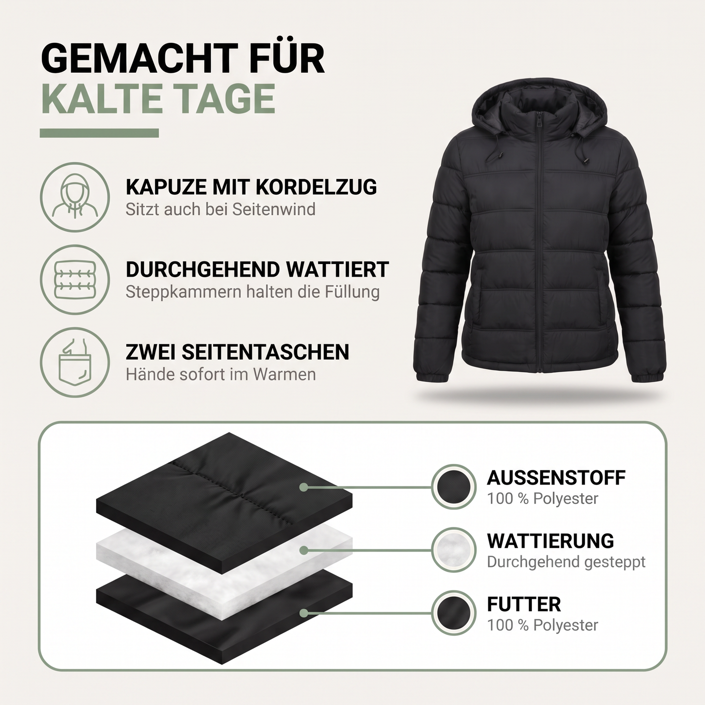 Winterjacke Damen mit Kapuze - Warm Wattiert - Kordelzug