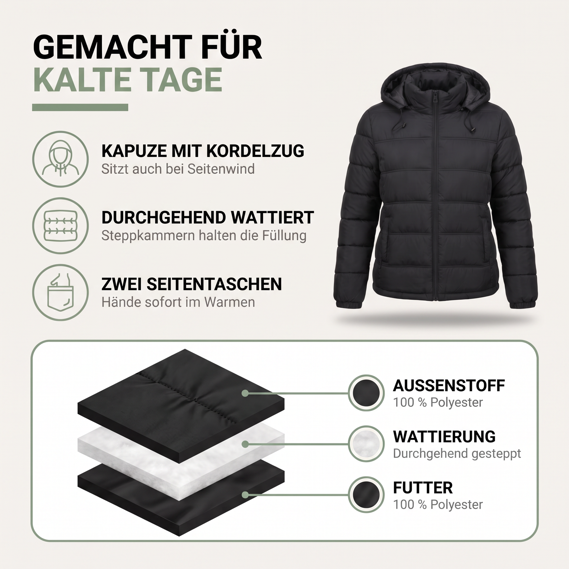 Winterjacke Damen mit Kapuze - Warm Wattiert - Kordelzug