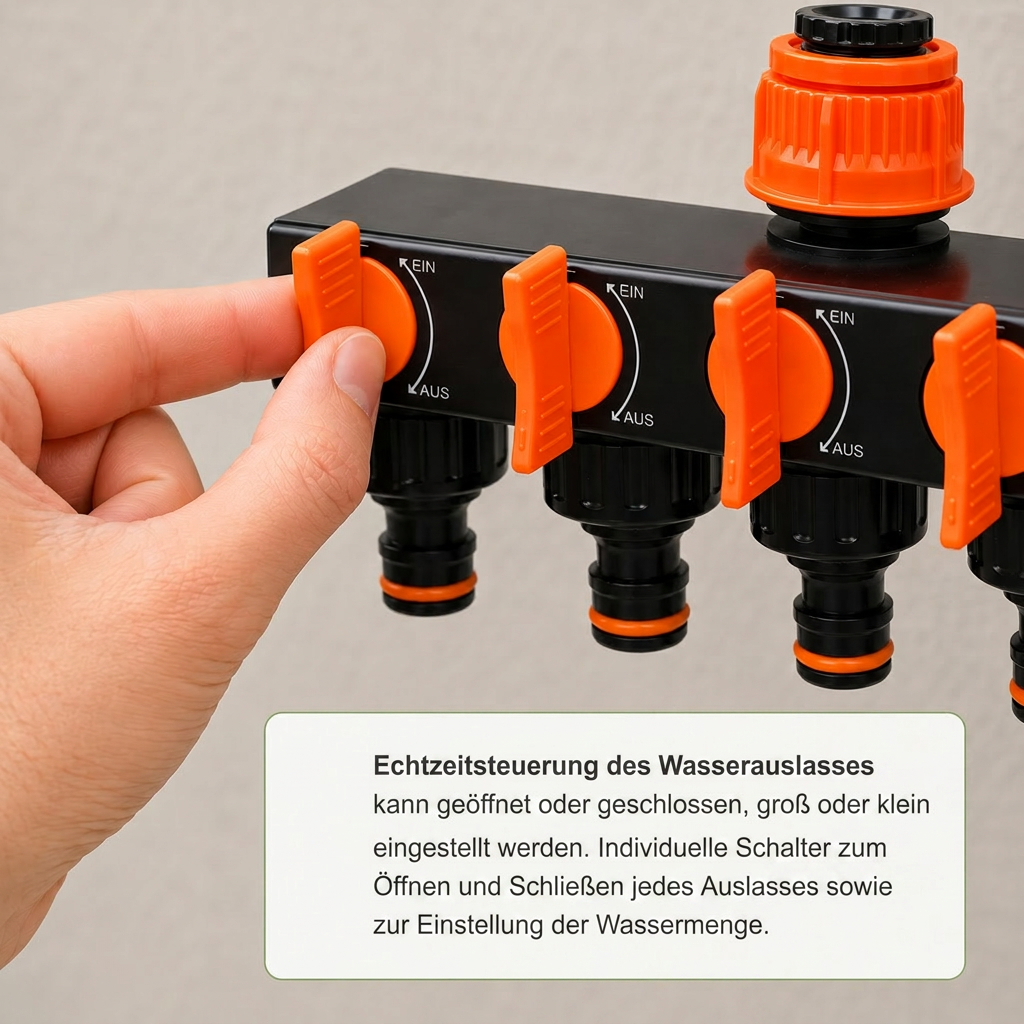 4-Wege Wasserhahn-Verteiler – 4 individuelle Ein/Aus-Schalter, Gartenbewässerung
