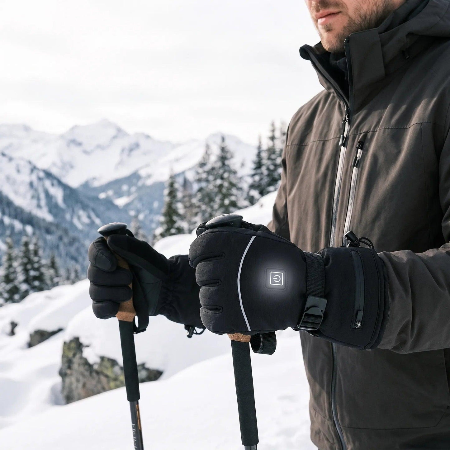 Beheizte Handschuhe im Schnee beim Wandern mit Stöcken