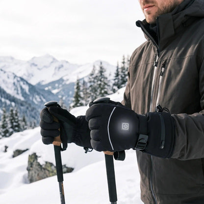 Beheizte Handschuhe im Schnee beim Wandern mit Stöcken