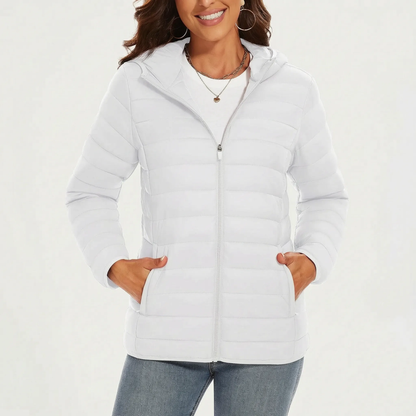 Leichte Steppjacke für Damen in Weiß mit Kapuze und Reißverschlusstaschen