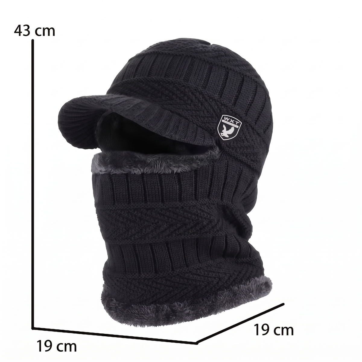 Maße der Balaclava mit Schirm: 43 cm Gesamthöhe, 19 cm Breite