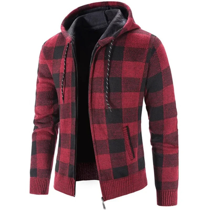 Strickjacke Herren mit Kapuze - Karo-Design - Warmes Fleecefutter