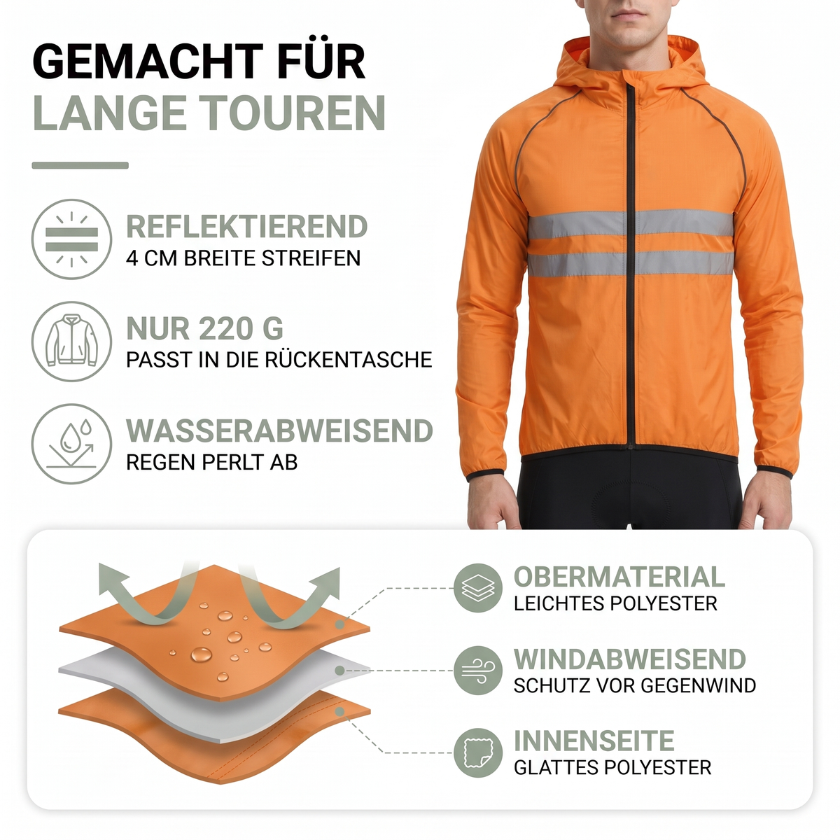 Materialaufbau der faltbaren Fahrradjacke für Herren: leichtes Polyester, Windschutz und glatte Innenseite