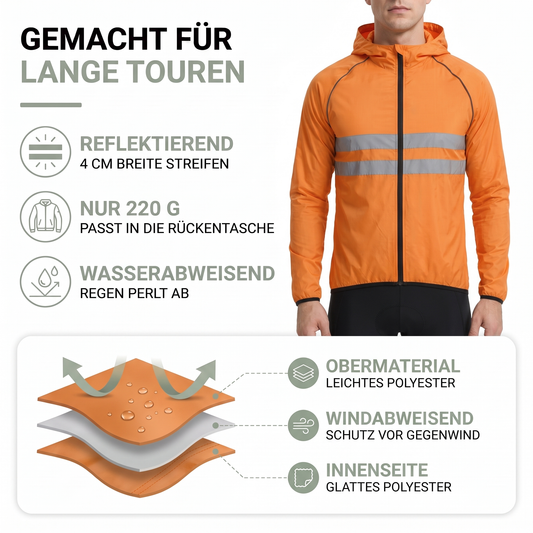 Materialaufbau der faltbaren Fahrradjacke für Herren: leichtes Polyester, Windschutz und glatte Innenseite