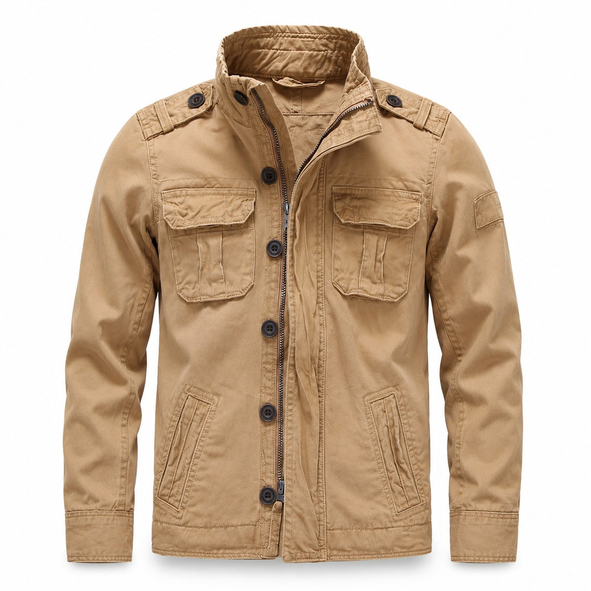 Übergangsjacke Herren Cargo in Khaki mit Stehkragen, Knopfleiste und zwei Brusttaschen