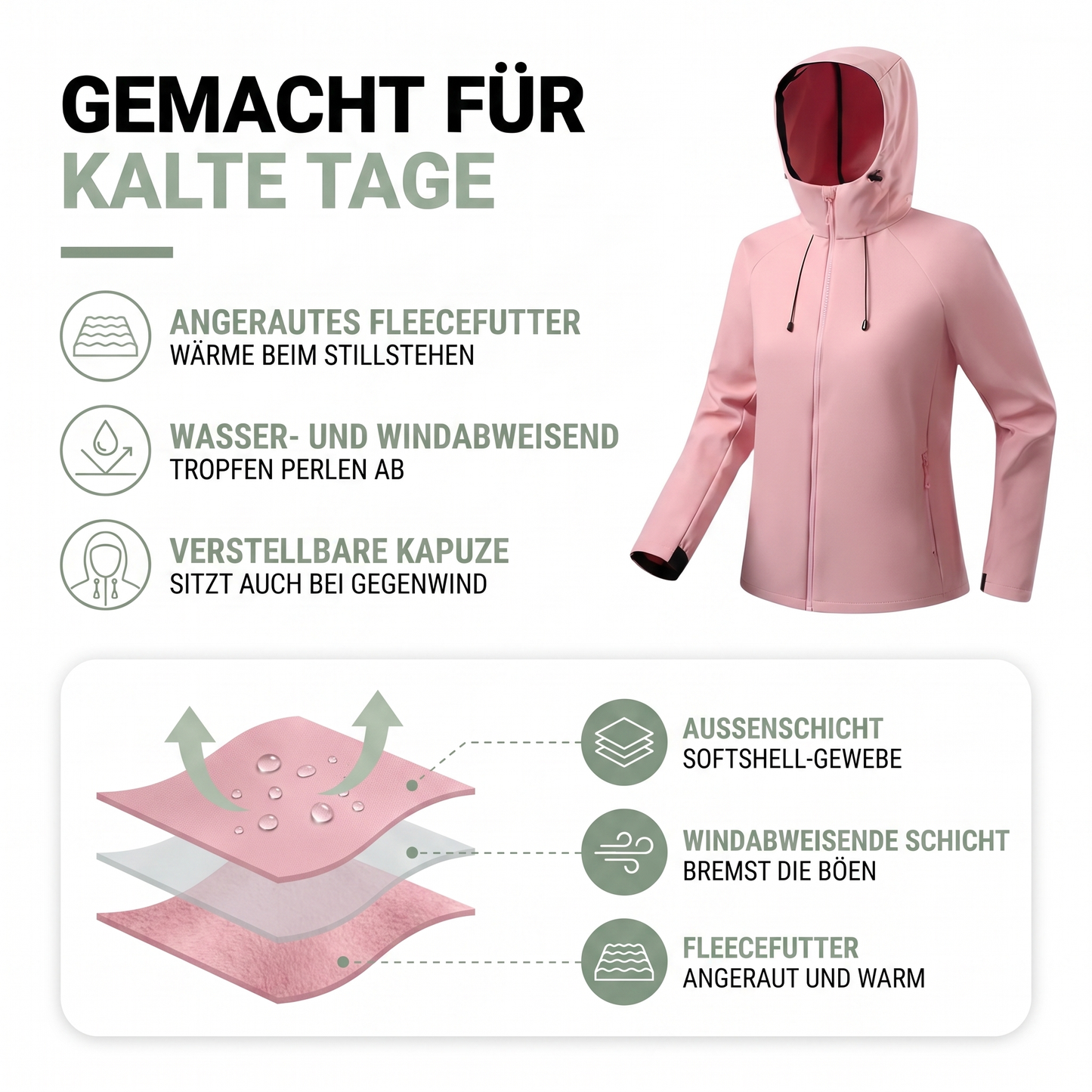 Softshelljacke Damen mit Kapuze - Wasserabweisend - Fleecefutter
