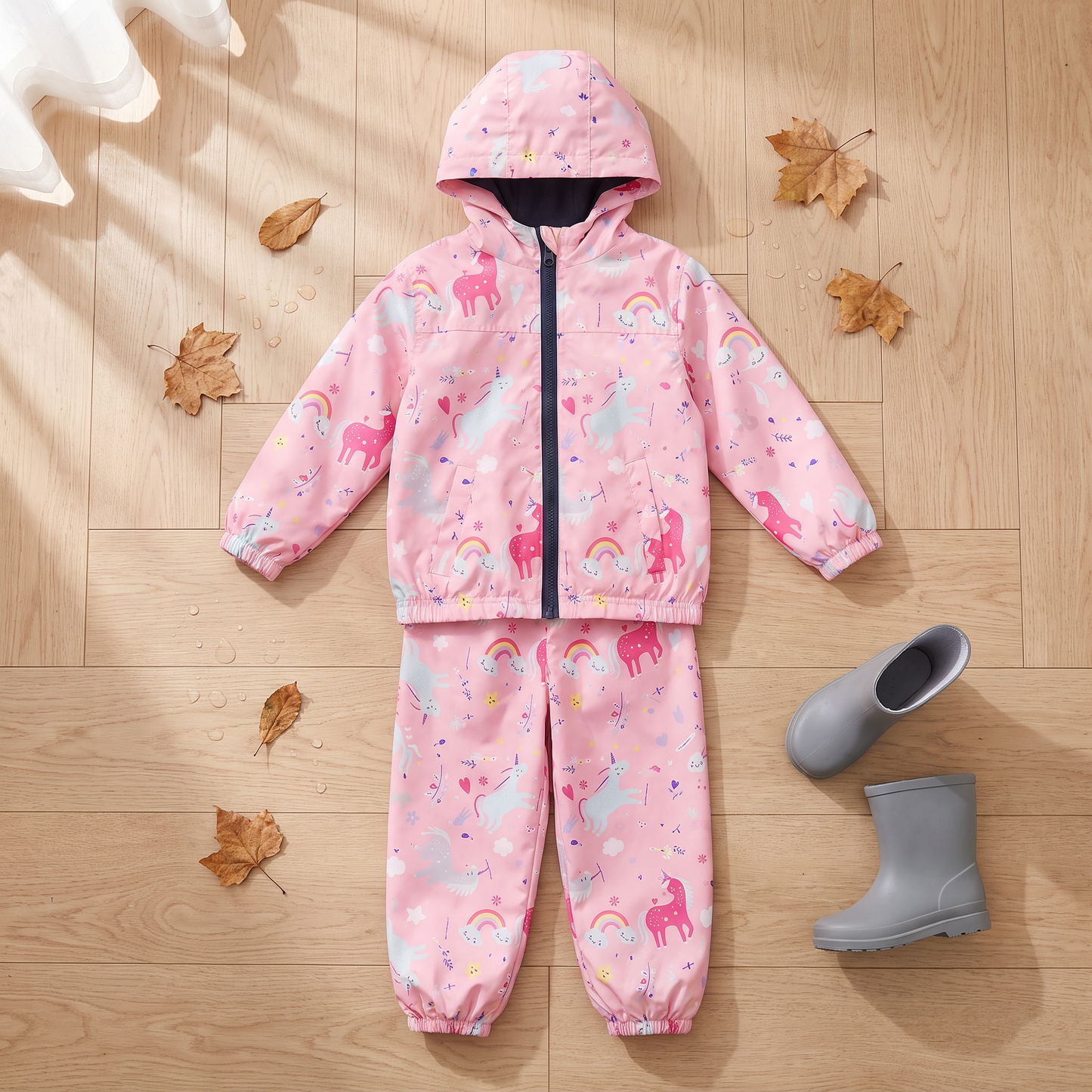 Kinder-Outdoorset aus Jacke und Hose flach ausgelegt neben Gummistiefeln
